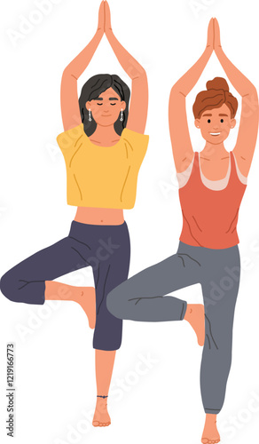 Two women are performing the tree pose, a balancing asana in yoga, promoting stability, focus, and inner peace, with hands joined above their heads and one leg resting on the opposite thigh