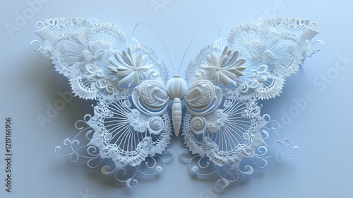 White lace butterfly with intricate patterns and floral design