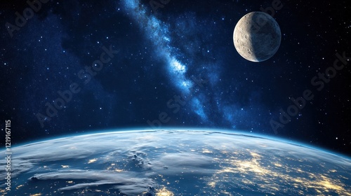 Obraz na płótnie Earth, moon, Milky Way, night, space, view, planet, background, cosmic, wallpaper w salonie