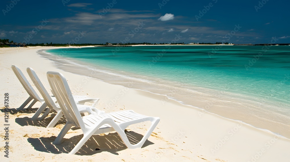 Serene Beach Scene with Empty White Lounge Chairs