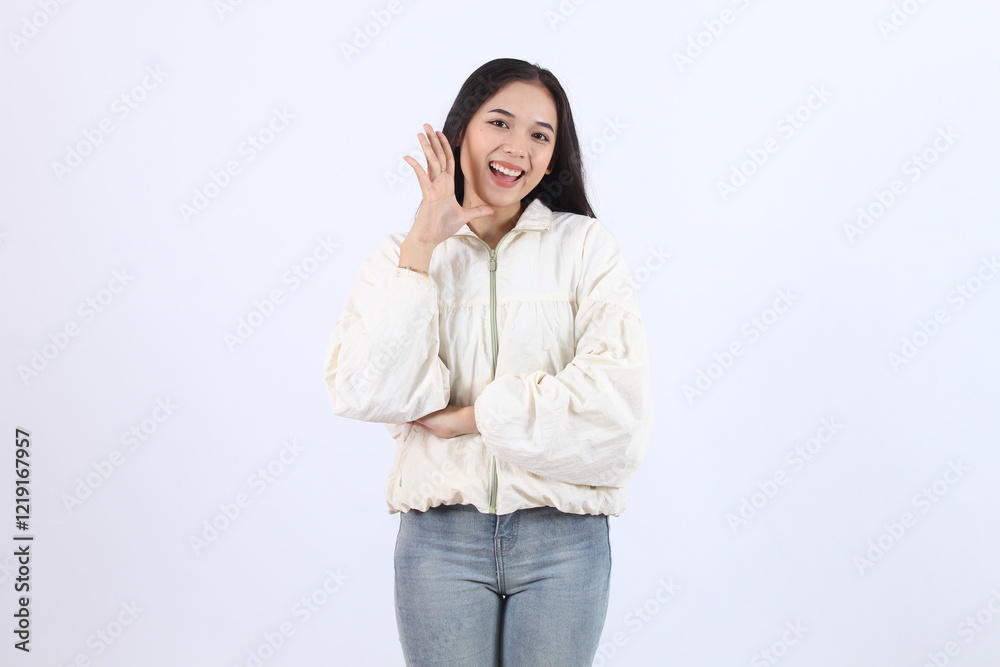 Cheerful Adult Asian Woman Wearing Jacket and Jeans Posing with a Bright Smile Cheerful Adult Asian Woman Wearing Jacket and Jeans Posing with a Bright Smile