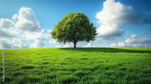 A single green tree sits in a field of grass against a blue sky with white clouds