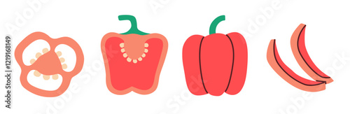 Flat illustration of a red bell pepper: whole, halved, sliced into rings, and strips. Minimalist design perfect for culinary, educational.