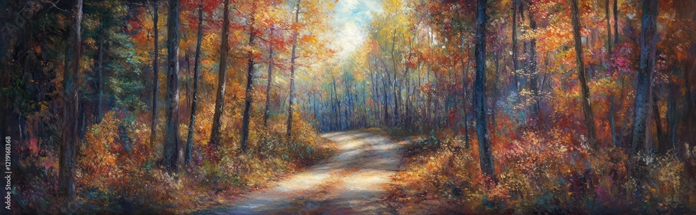 Obraz premium Autumnal Forest Path Winding Through Colorful Trees