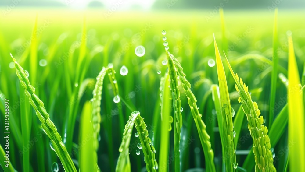 Obraz premium Lush green rice paddy field, vibrant grass blades, early morning dew drops, sunlight filtering through, macro photography, shallow depth of field, bokeh effect, fresh agricultural landscape, organic f