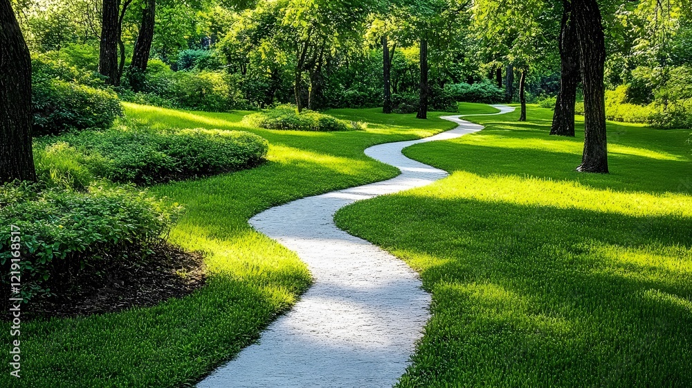 Serene Winding Path in Lush Green Park Landscape Serene Winding Path in Lush Green Park Landscape