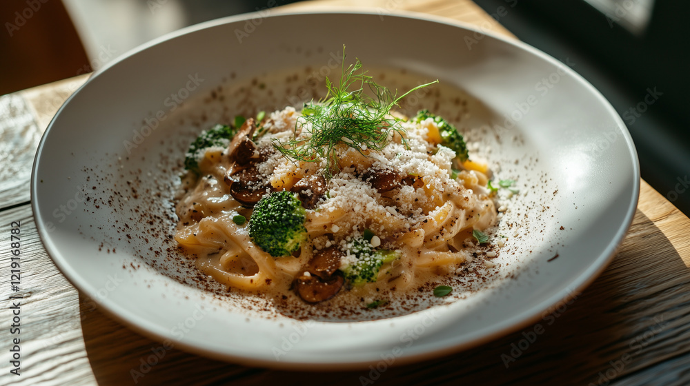A creamy broccoli and mushroom pasta dish served on a white plate, garnished with freshly grated Parmesan cheese A creamy broccoli and mushroom pasta dish served on a white plate, garnished with freshly grated Parmesan cheese