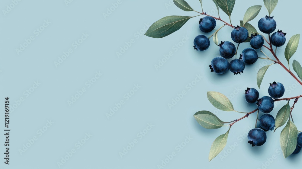 Obraz premium Fresh Blueberries with Green Leaves on Blue Background