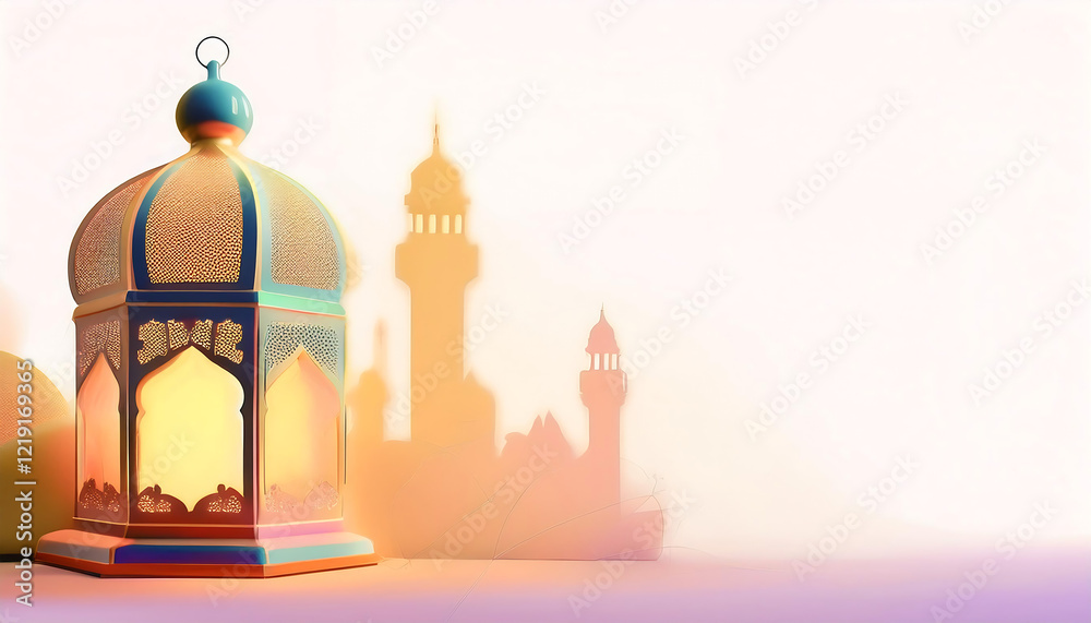 Obraz premium Elegant ramadan kareem lantern, mosque and ornament islamic with white background text copy space