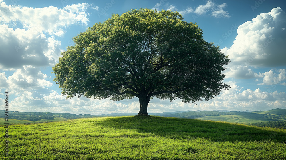 Fototapeta premium A single tree stands in a field against a cloudy sky