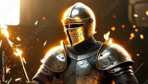 medieval knight, shining armor, golden helmet, intense flames, dramatic lighting, fiery background, sparks flying, epic fantasy, detailed metalwork, heroic pose, cinematic composition, high contrast, 