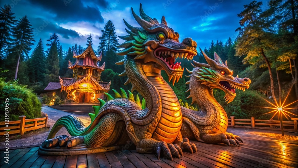 Fototapeta premium Night Photography: Mystical Wooden Zmey Gorynych Figurine in Sochi's Berendeyevo Kingdom