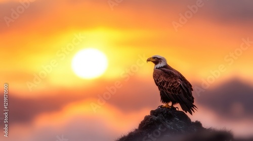 A striking image of a majestic eagle silhouetted against a vibrant sunset, capturing the essence of freedom and wildlife in a breathtaking natural scene. photo