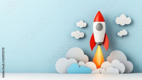 Colorful Paper Rocket Taking Off Against Light Blue Background with Soft Clouds and Flame