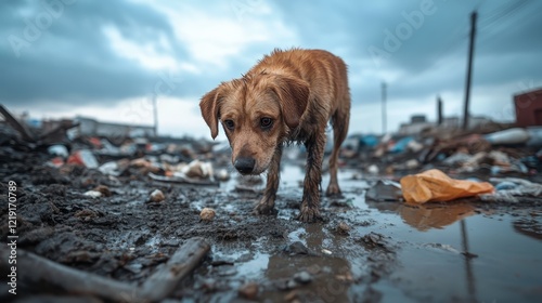 A sad-looking dog stands in a muddy, trash-strewn area, evoking feelings of abandonment and neglect while reflecting the harsh realities of urban decay and environmental issues.