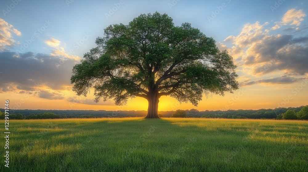 Obraz premium A single tree stands in a grassy field under a golden sunset