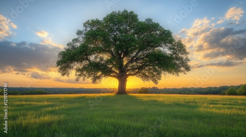A single tree stands in a grassy field under a golden sunset