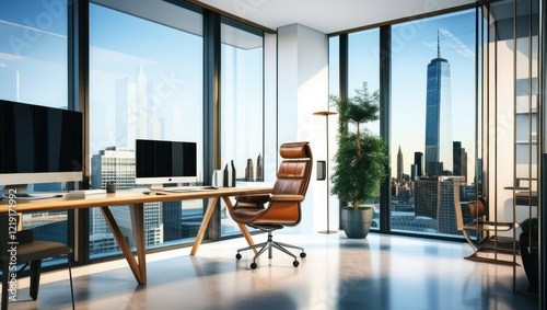 Modern office interior, floor-to-ceiling windows, city skyline view, wooden desk, ergonomic office chair, minimalist design, natural light, potted plant, sleek computer monitor, open workspace, contem photo