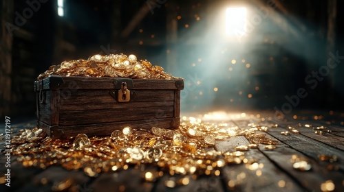 A magnificent treasure chest overflowing with glimmering golden coins, creating a scene that evokes dreams of adventure, prosperity, and the allure of hidden treasures. photo