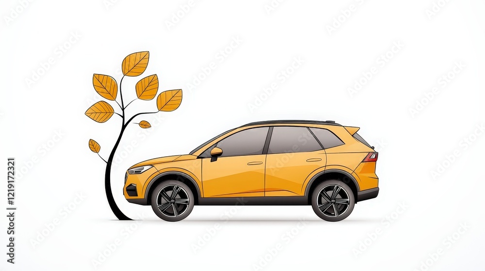 Obraz premium Stylish Yellow SUV Beside a Leafy Tree Illustrating Nature and Urban Life Harmony