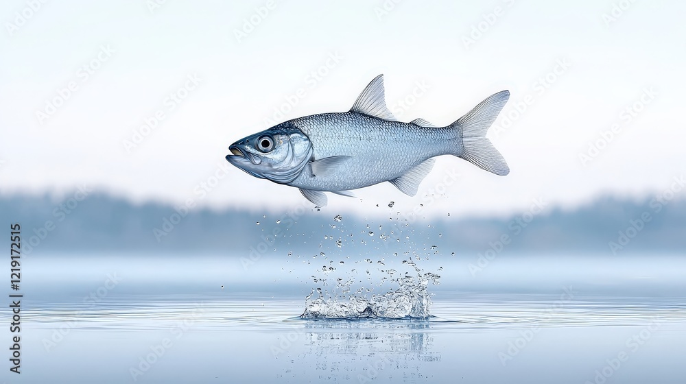 Fototapeta premium Fish Leaping from Water Surface with Splash in Calm Blue Lake at Early Morning Light