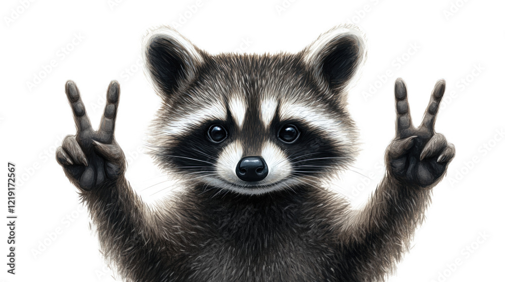 Obraz premium Playful Raccoon Making Peace Sign Gesture with Two Fingers While Smiling, Capturing the Fun and Quirky Nature of Wildlife in a Vibrant Illustration