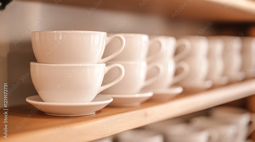 Clean white mock up of coffee cups on shelf for minimalist design studio environment high-quality screen presentation Clean white mock up of coffee cups on shelf for minimalist design studio environment high-quality screen presentation
