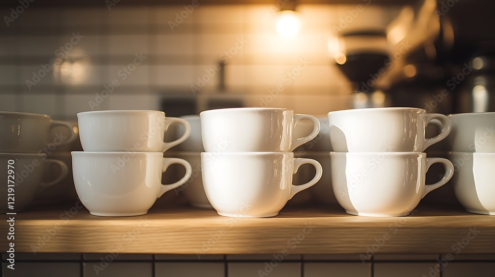 Displaying stacked white coffee cups on a cozy shelf in a warm environment for inviting home decor inspiration Displaying stacked white coffee cups on a cozy shelf in a warm environment for inviting home decor inspiration