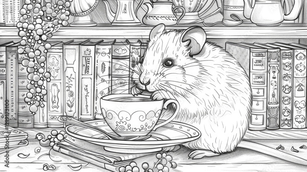 Fototapeta premium A cute hamster sipping tea in an elegant teacup