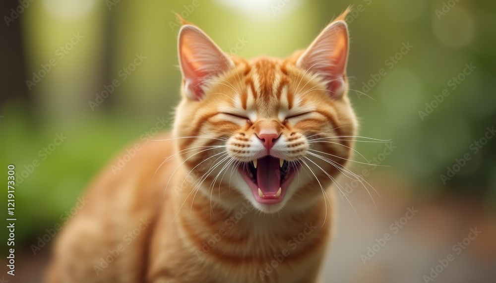 Fototapeta premium Ginger kitty smiling with a funny expression, Red background complements the pet's features.