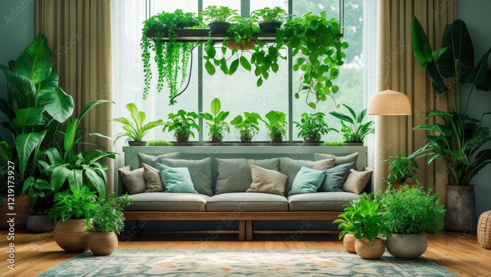 Fototapeta premium A cozy living room filled with lush green plants, featuring a comfortable sofa and large windows that invite natural light.