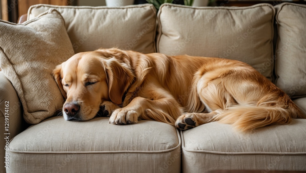 Obraz premium A golden retriever peacefully sleeps on a cream-colored couch, embodying comfort and relaxation in a cozy home environment.