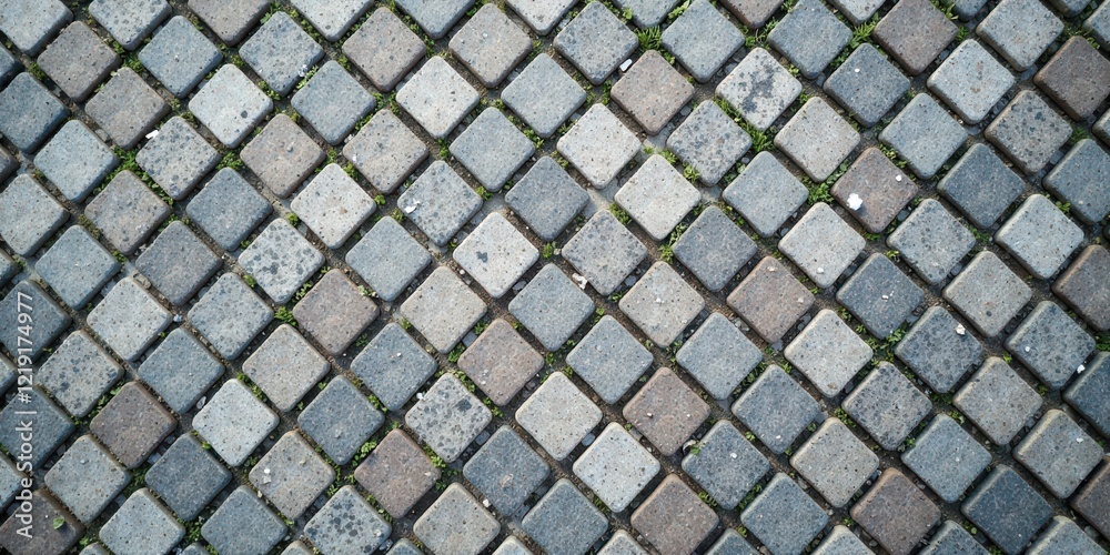 Fototapeta premium A Detailed Close-Up View of a Patterned Pavement Featuring Interlocking Stone Blocks with Emerging Green Plants