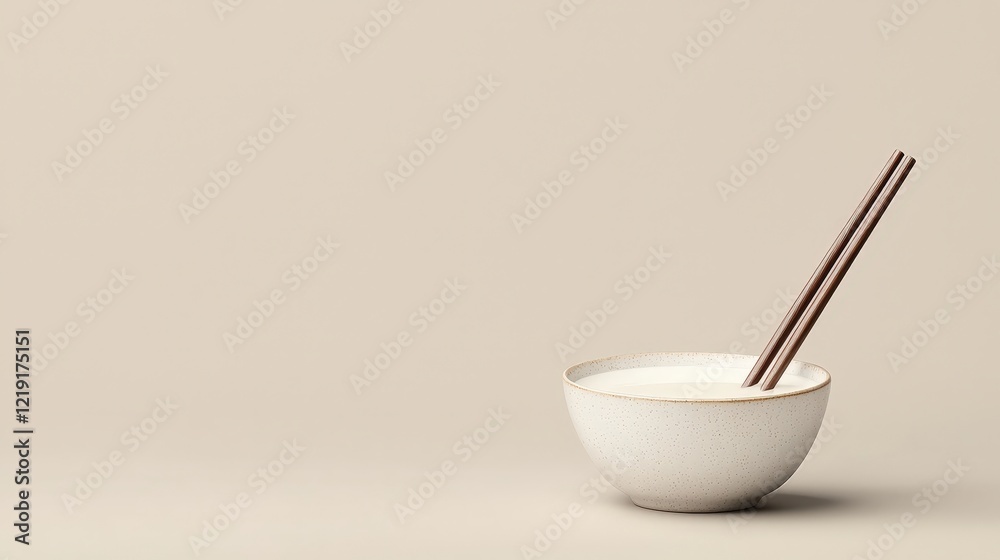 Minimalist White Bowl with Chopsticks on a Soft Beige Background for Culinary or Dining Use