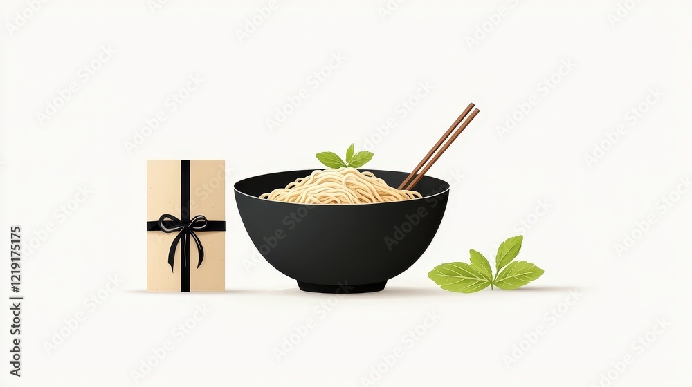 Delicious Bowl of Noodles with Chopsticks and Gift Box on a Light Background Delicious Bowl of Noodles with Chopsticks and Gift Box on a Light Background