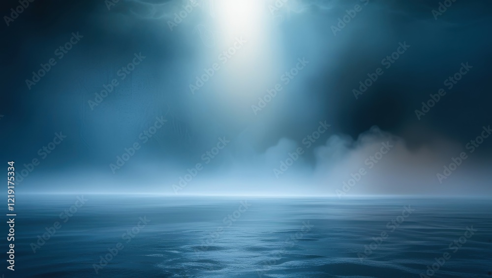 Obraz premium Moonlit ocean, misty seascape, ethereal blue light, foggy horizon, calm waters, mysterious atmosphere, night scene, cinematic lighting, serene mood, dreamlike landscape, silvery reflections, soft focu