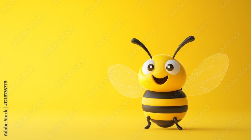 Cheerful Cartoon Bee Illustration on a Vivid Yellow Background Cheerful Cartoon Bee Illustration on a Vivid Yellow Background
