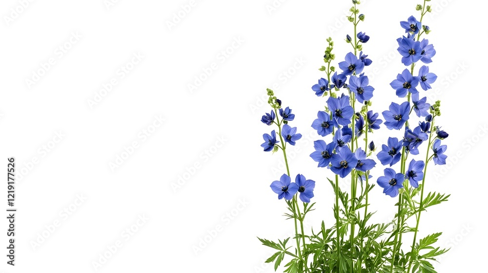 Fototapeta premium Graceful Blue Delphinium Flowers with Tall Spikes on White Background
