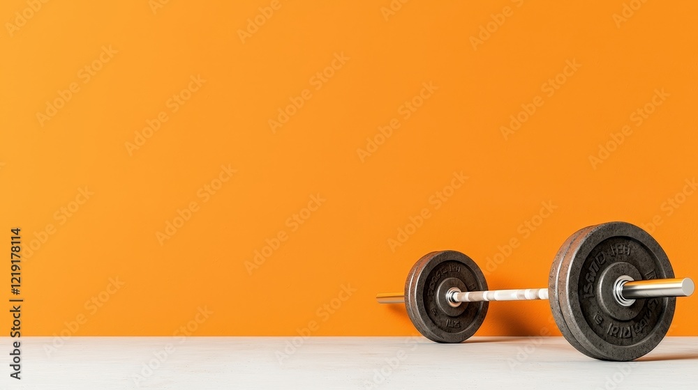 Barbell with weights on a white surface against a bright orange wall for fitness imagery Barbell with weights on a white surface against a bright orange wall for fitness imagery