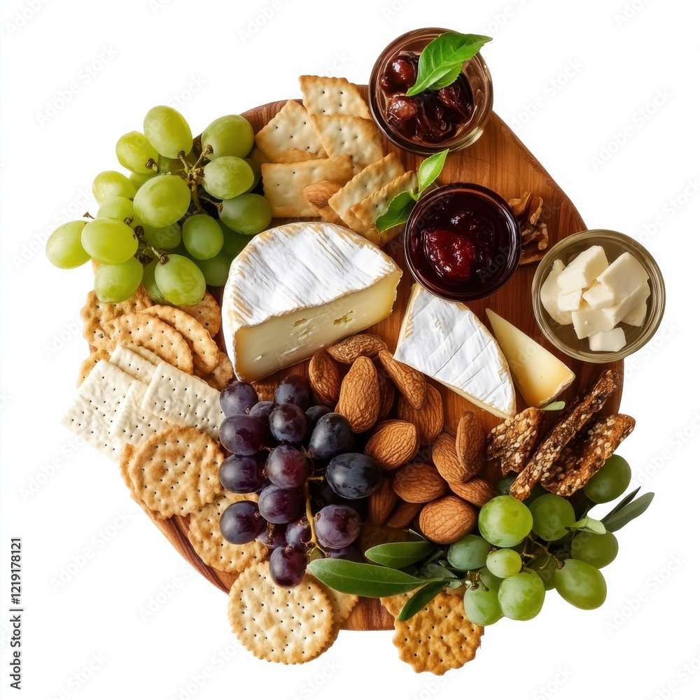 A gourmet cheese board with assorted crackers and grapes, isolated white background, abstract art style