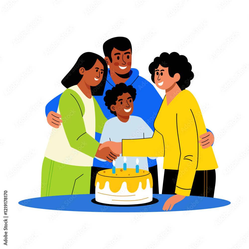 Family gathering at a birthday event, flat illustration Family gathering at a birthday event, flat illustration