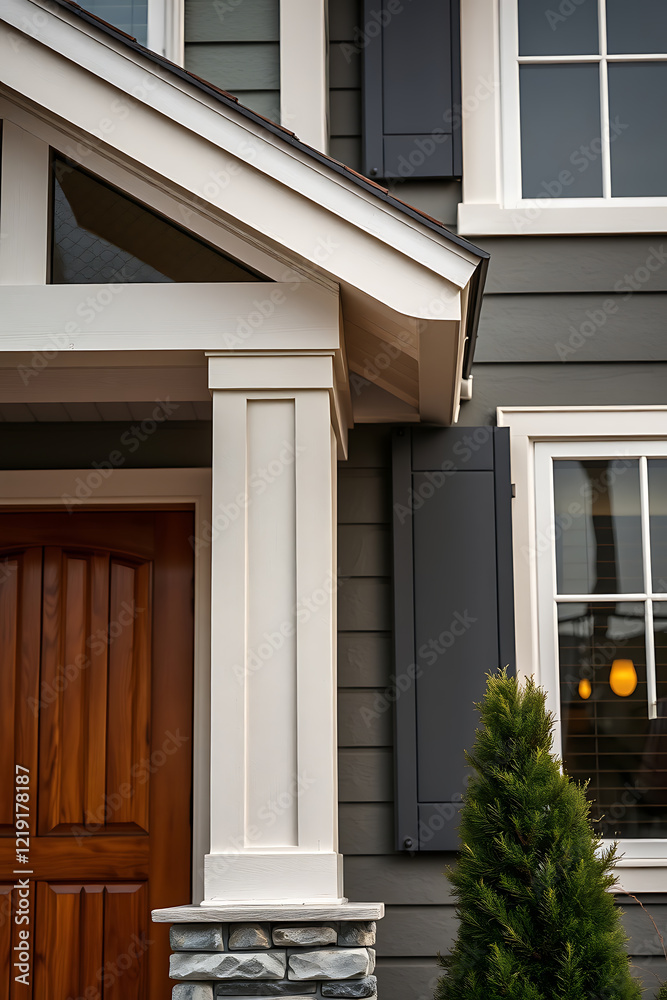 Modern House Exterior: Gray Siding, White Columns, and Stone Accents. A stunning architectural design featuring a charming porch and elegant entrance. Modern House Exterior: Gray Siding, White Columns, and Stone Accents. A stunning architectural design featuring a charming porch and elegant entrance.
