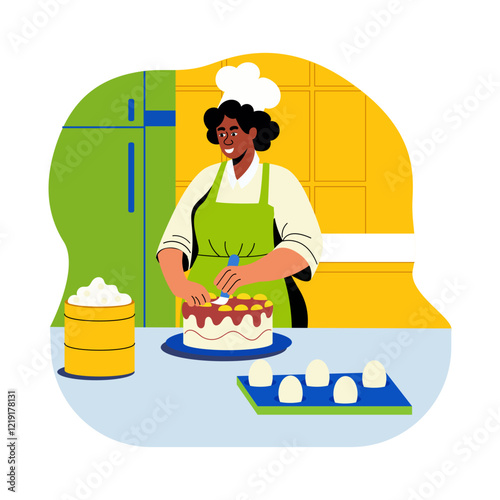 Flat illustration of a female baker making cake 