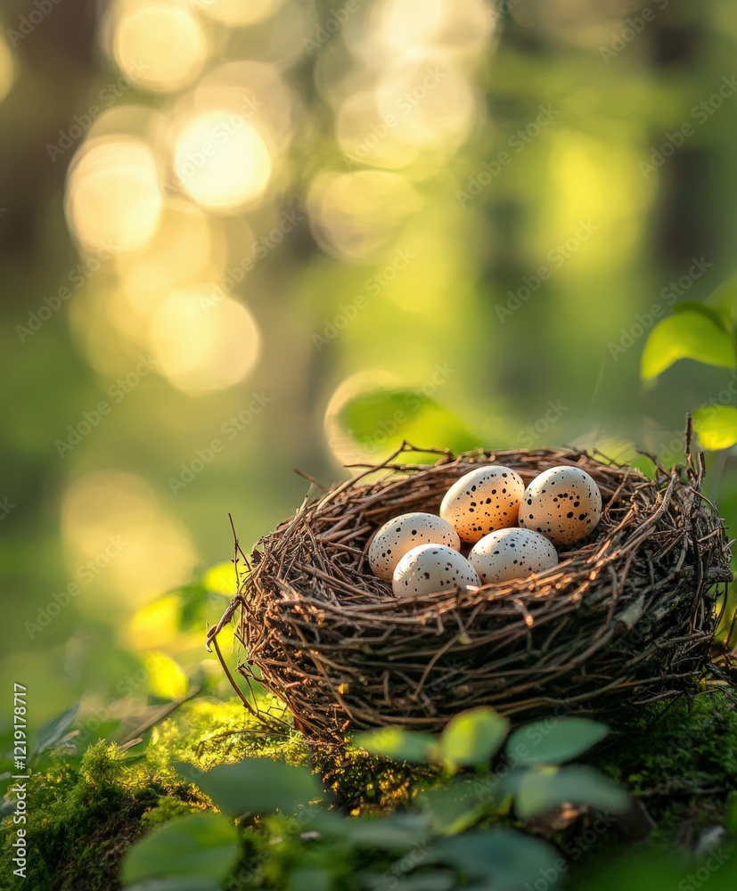 Nest with speckled eggs resting on green moss in woods Nest with speckled eggs resting on green moss in woods