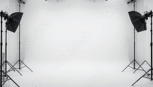 An expansive and well-lit studio features a clean white backdrop and professional lighting setup, inviting creativity and artistic expression for diverse projects