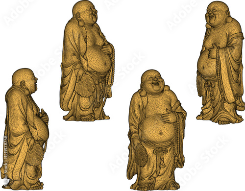 Vector sketch illustration of a smiling buddha ornament design full of wisdom standing holding a fan