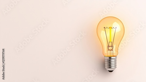 Vintage Light Bulb Glowing Brightly on Simple Beige Background for Interior Design Concepts