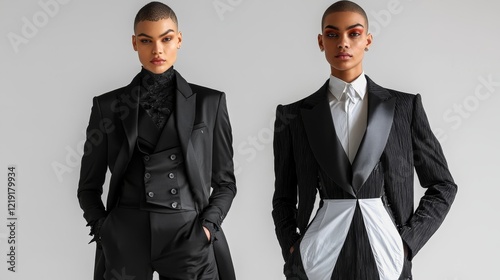 Breaking Boundaries: Fashion Designer Unveiling Dual Gender Styles in Split Clothing for Bold Transformation Concept photo