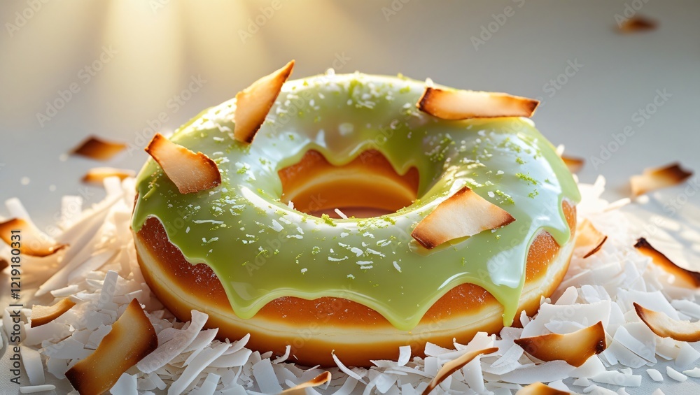 A vibrant lime-glazed doughnut sits atop toasted coconut flakes, with coconut shards scattered around, set against a warm, creamy white background, evoking a sunny tropical morning. A vibrant lime-glazed doughnut sits atop toasted coconut flakes, with coconut shards scattered around, set against a warm, creamy white background, evoking a sunny tropical morning.