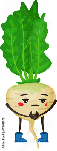 Cartoon turnip with vibrant green leaves and playful blue boots, holding its root with tiny hands, blushing and shyly gazing downward, exuding a cute and funny personality